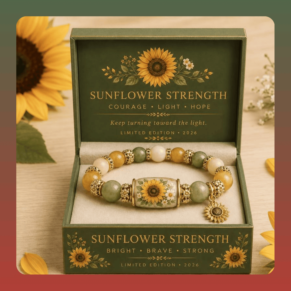 Boxed Floral Stone Bead Charm Bracelet