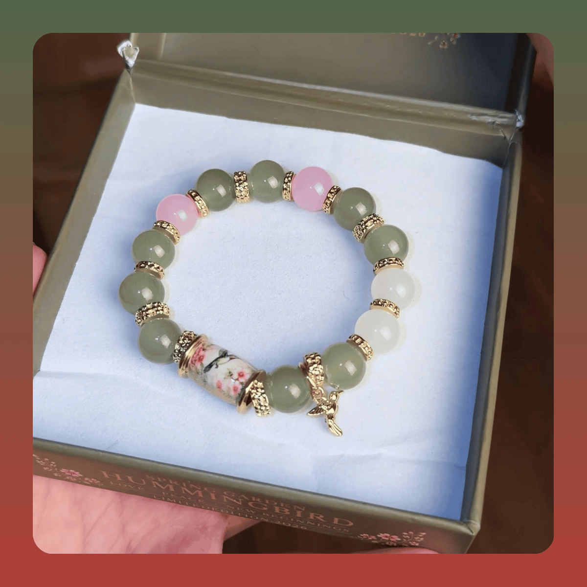 Boxed Floral Stone Bead Charm Bracelet