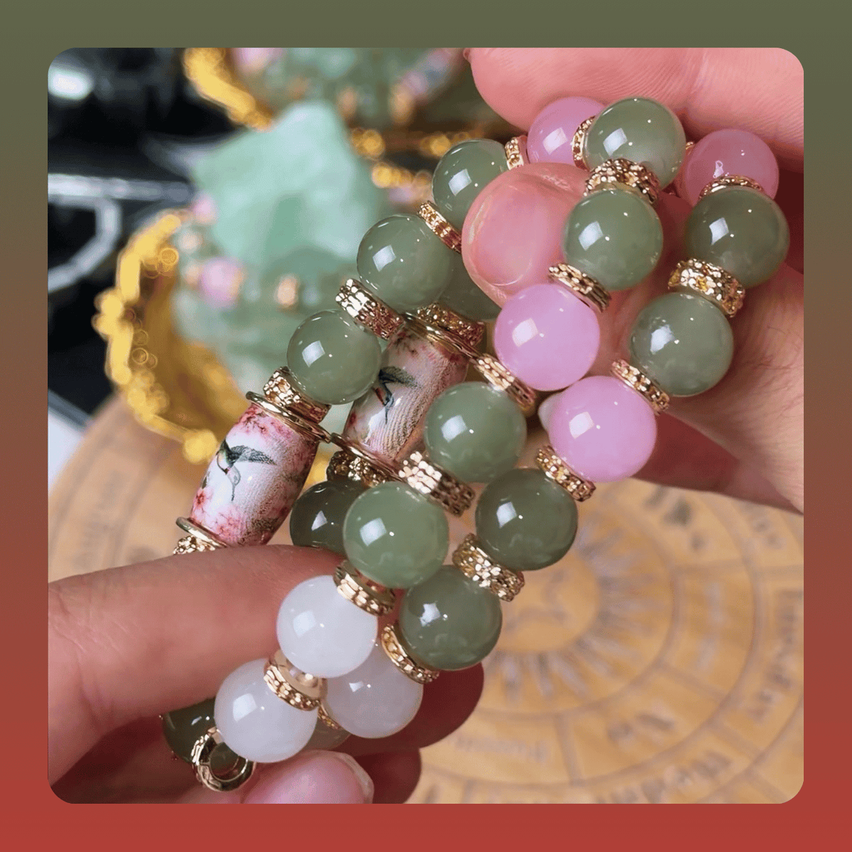 Boxed Floral Stone Bead Charm Bracelet
