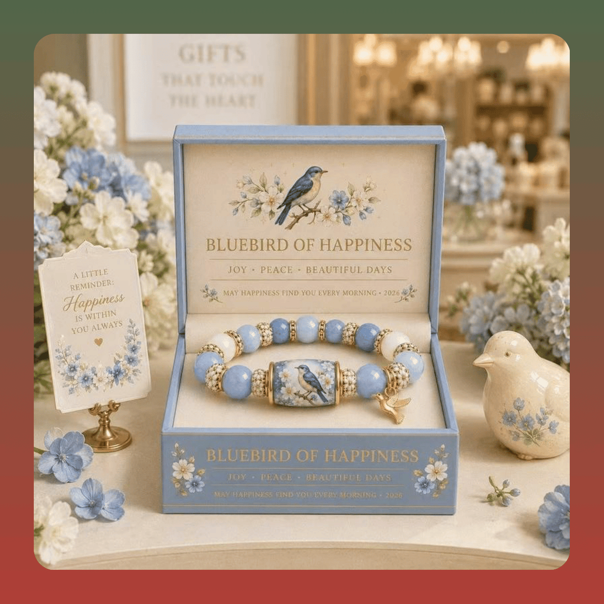 Boxed Floral Stone Bead Charm Bracelet